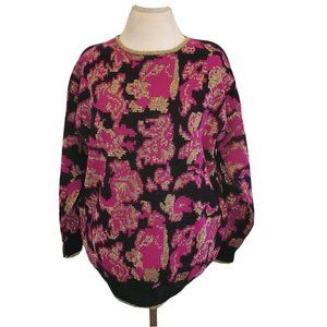 Vintage 90s Metallic Floral Sweater Black Pink‎ Gold Crewneck Size L/XL